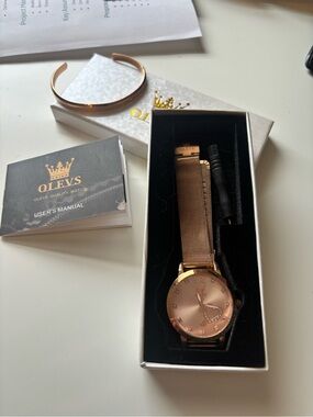 OLEVS Rose Gold Ladies Mesh Bracelet Watch with Matching Cuff
